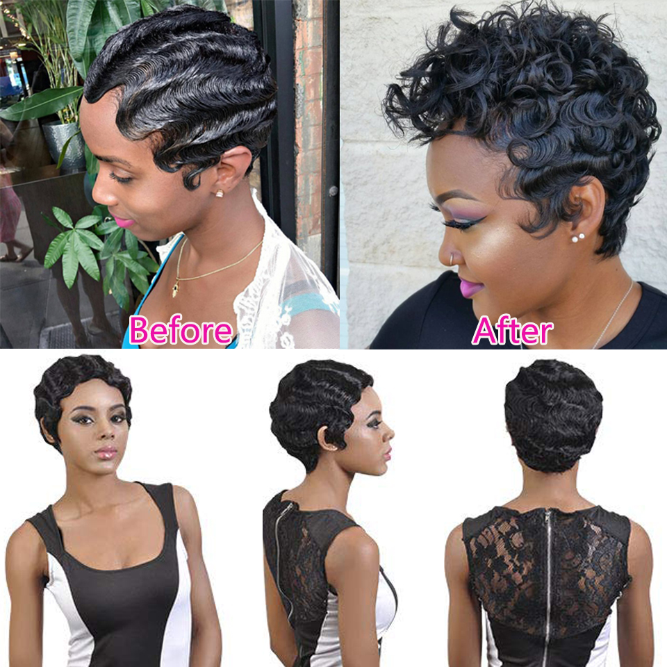 Korte Rode Vinger Wave Pruik Bruin Blonde Krullend Synthetische Pruiken Voor Zwarte Vrouwen Hittebestendige Afro-amerikaanse Pixie Cut Mama pruik