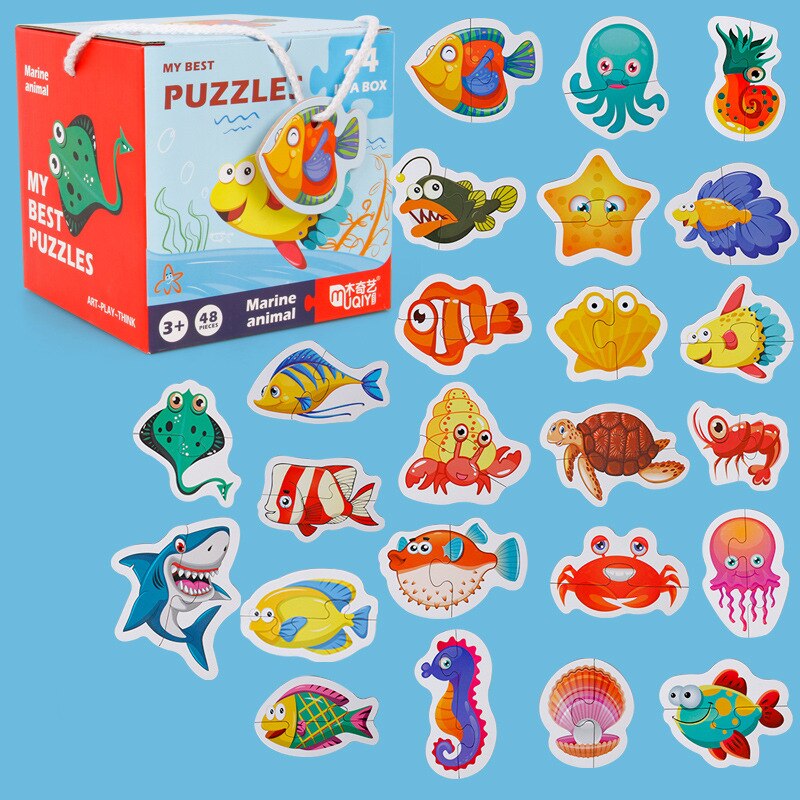48 -teiliges kognitives frühförderpuzzle mit meerestieren, verkehrsmotiven und obstszene, tragbare box, yoys: 1