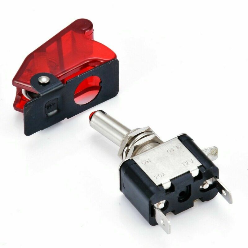 3-pin on/off 20A, 12V Car truck LED toggle switch light is on, with safety aircraft flipping protective cover red.