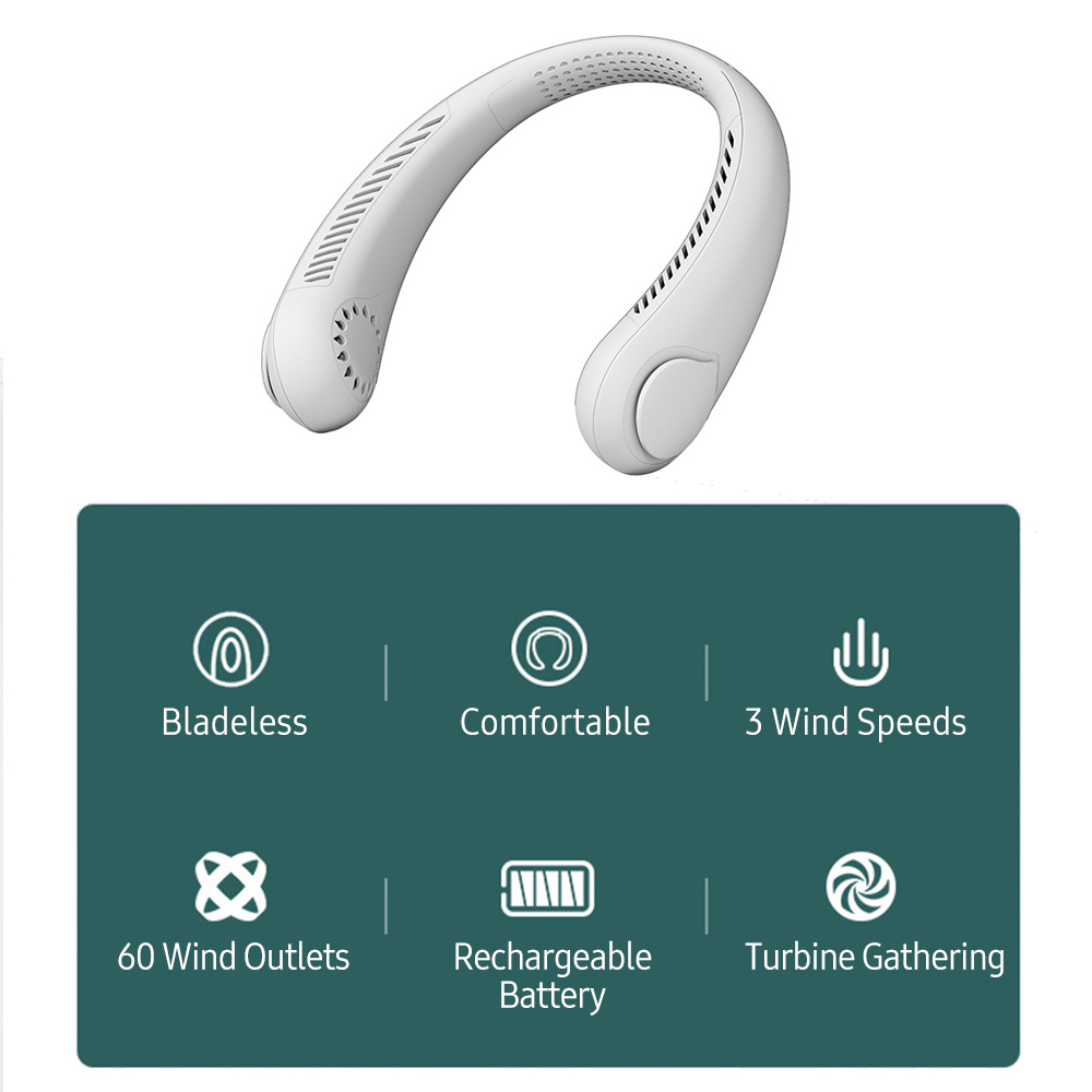 Neck Fan Rechargeable Bladeless Wearable Cooling Head Fan 3-Speed 1800mAh Battery Personal Fan U-shape Air Fan Hands Free