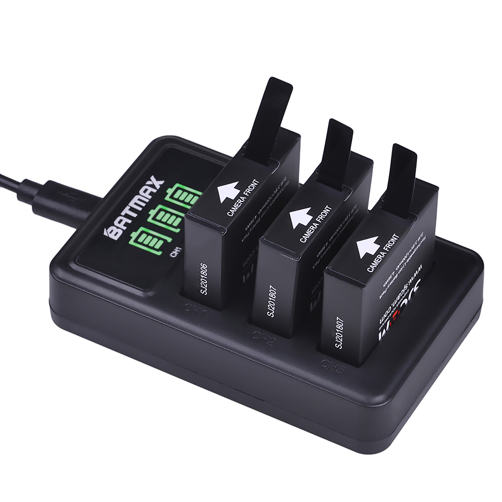 3 stk 1200 mah opprinnelig sjcam  sj8 batteri + ledet 3 spor usb lader til  sj8 pro pluss luft handling kamera