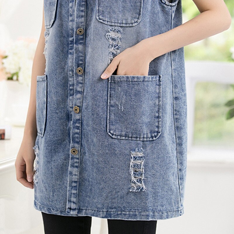 Plus size 5xl jactet denim vest kvinder sommer ærmeløs cardigan dame jeans veste koreanske huller lange denim jakker 969