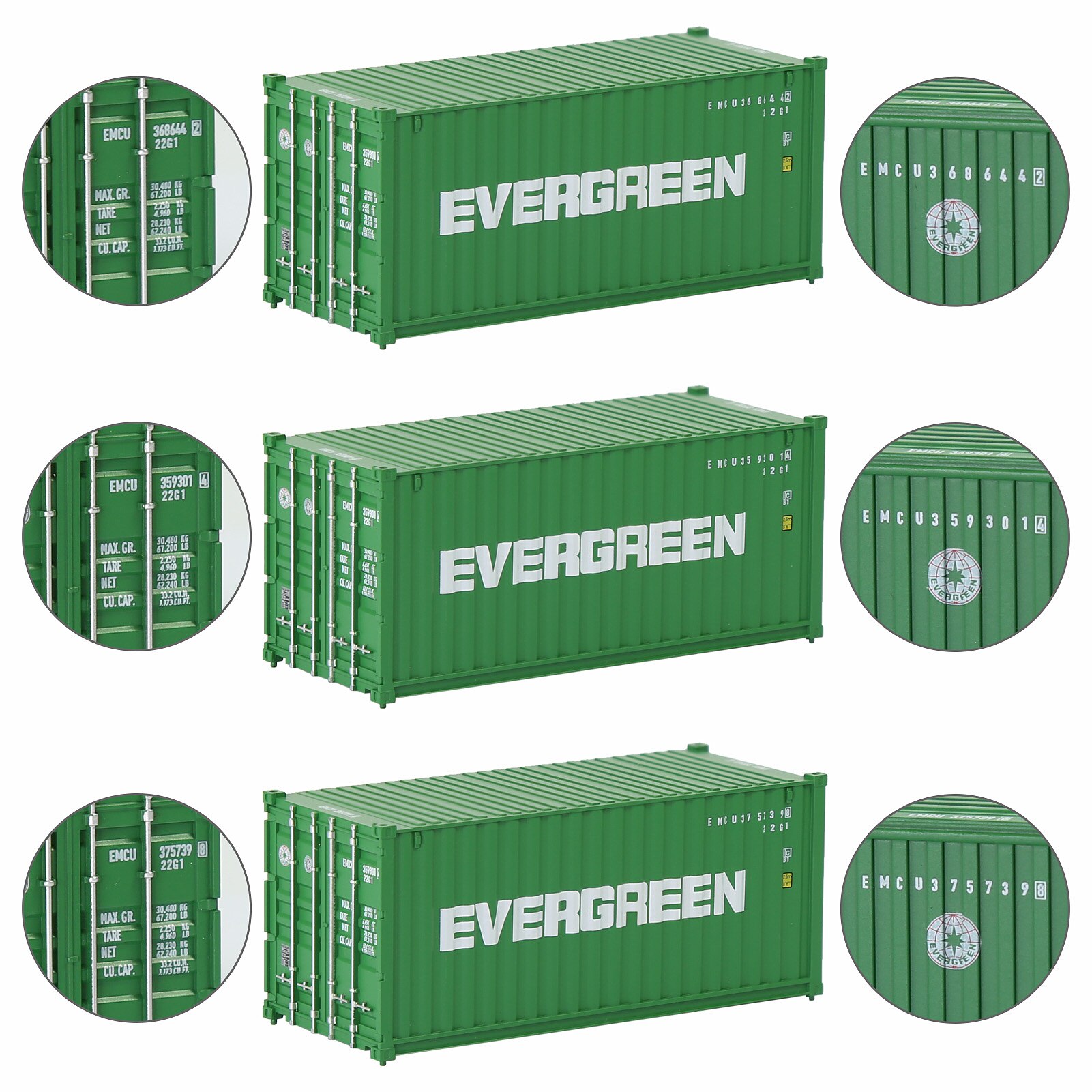 3pcs Mixed HO Scale 1:87 20ft 20&#39; Contaniers Cargo Box Wagons with Different Road Name Model Railway Layout C8726: 3pcs EVERGREEN