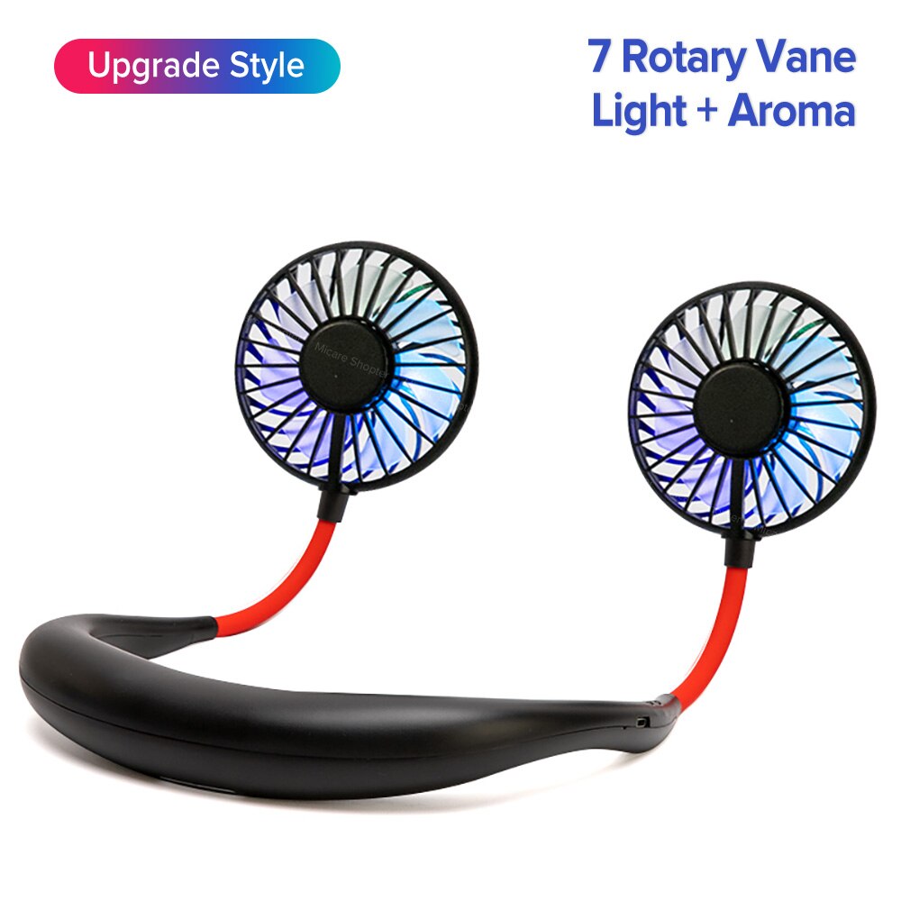 Mini bærbare hals fans håndfri klimaanlæg ventilator luftkøler usb genopladelig 3 hastighed justerbar farverig lys blæser: Opgrader sort
