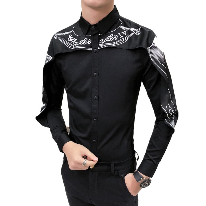 Skjorte koreansk langærmet slim fit gotisk skjorte camisa mænd bryllupsskjorte patchwork skjorte sort hvid