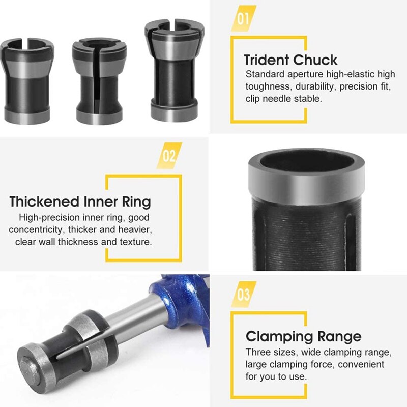 6 Pcs Router Collet Chuck High Precision Collet Reduction Sleeve HSS Split Bushing Collet Chuck Milling Cutter Adapter