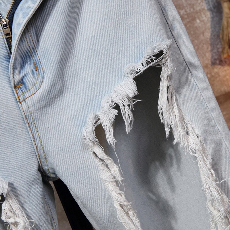 Streetwear Men Light Blue Hip Hop Vintage Water Wash Destroyed Ripped Hole Beggar jeans Denim Punk Pants