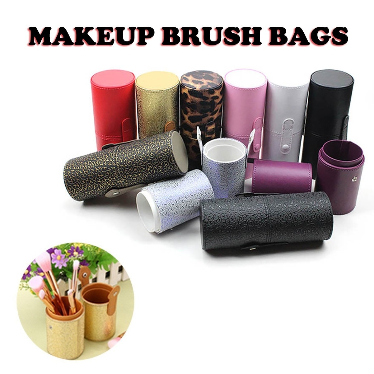 Portable Travel Makeup Brushes Round Pen Holder Cosmetic Case Pu Leather Cup Brush Holder Tube Storage Organizer #L20