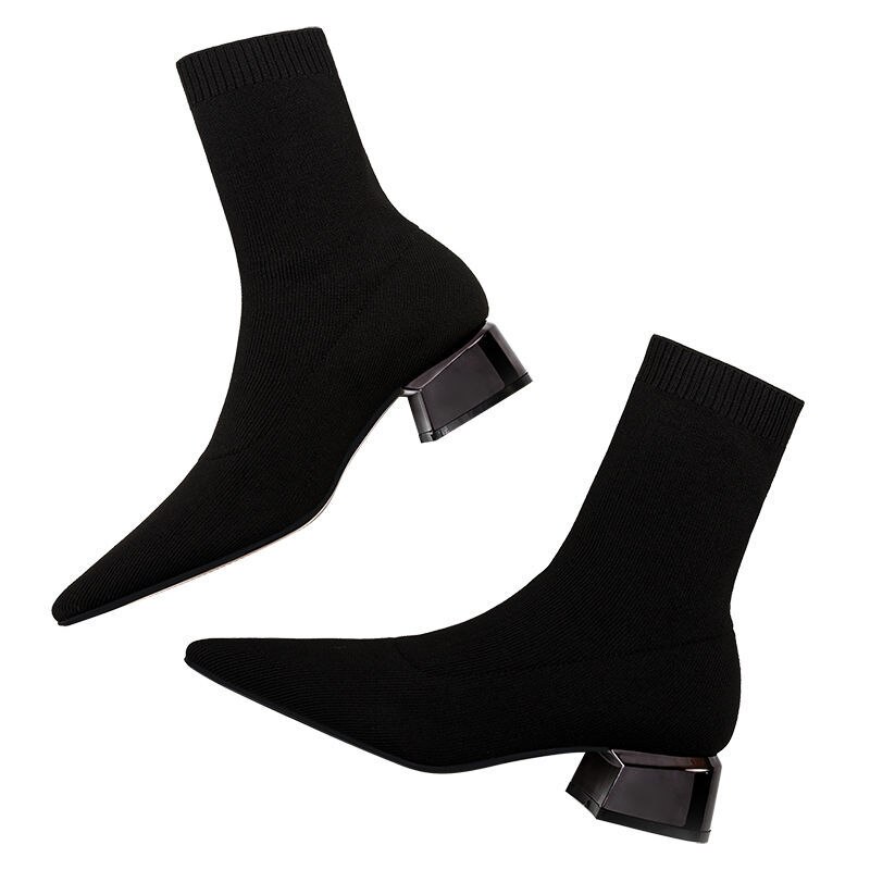 Botas finas de tacón alto para mujer, Botines de tacón medio puntiagudos, de punto, para otoño e invierno,