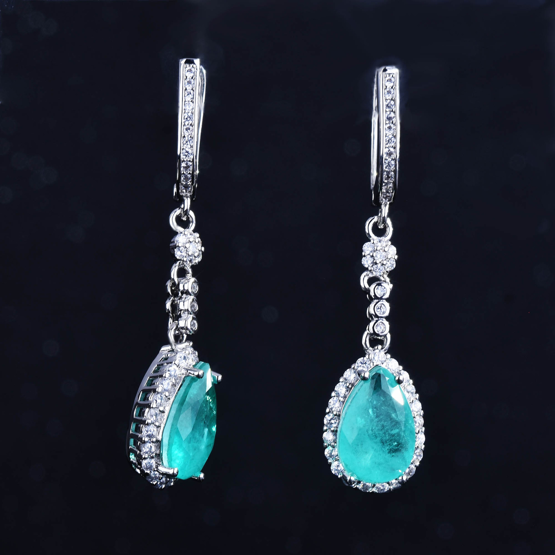 Ruzzallati Prachtige Water Stone Lake Paraiba Toermalijn Sieraden Set Zilver Kleur Ring Oorbel Ketting Voor Vrouwen: Earring