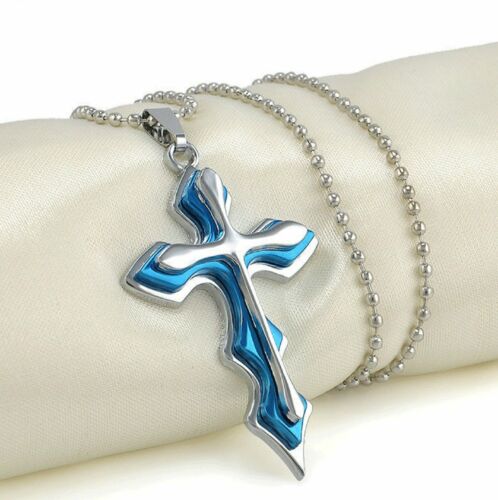 Necklace Men Blue Silver Color Cross Pendant Stainless Steel Chain Necklace Jewelry for Men's Jewelry