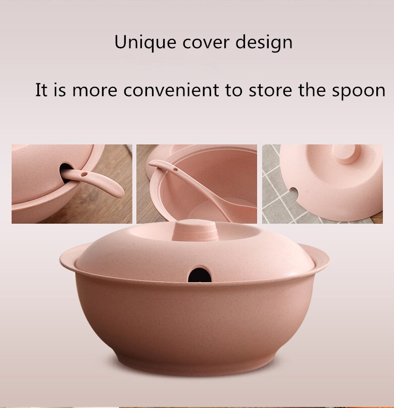 Vaisselle en paille de blé style japonais avec couvercle bol à soupe ménage grand bol à soupe binaural haute température avec couvercle: Rose