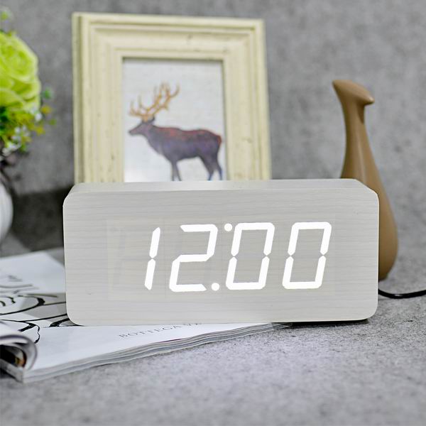 Jinsun Digitale Klokken Led Houten Despertador Moderne Vierkante Kleurrijke Wekker Met Temperatuur Voice Control Desktop Sensor: White-White