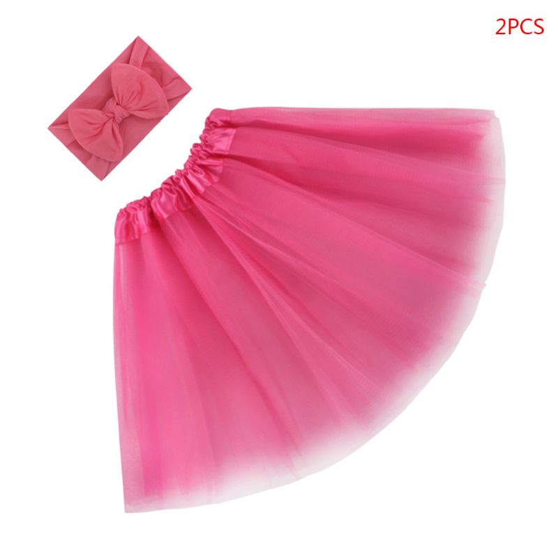 2 Pcs/set Sweet Baby Girls Tulle Tutu Skirt Hair Band Newborn Photography Props K1KC: Rose red