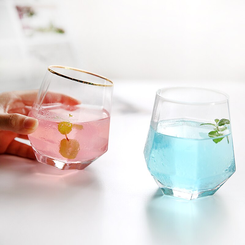 Vasos de vino de cristal creativos, vasos de Whisky dorados con borde de diamante, vasos de cristal hexagonales duraderos, juego de copas de vino