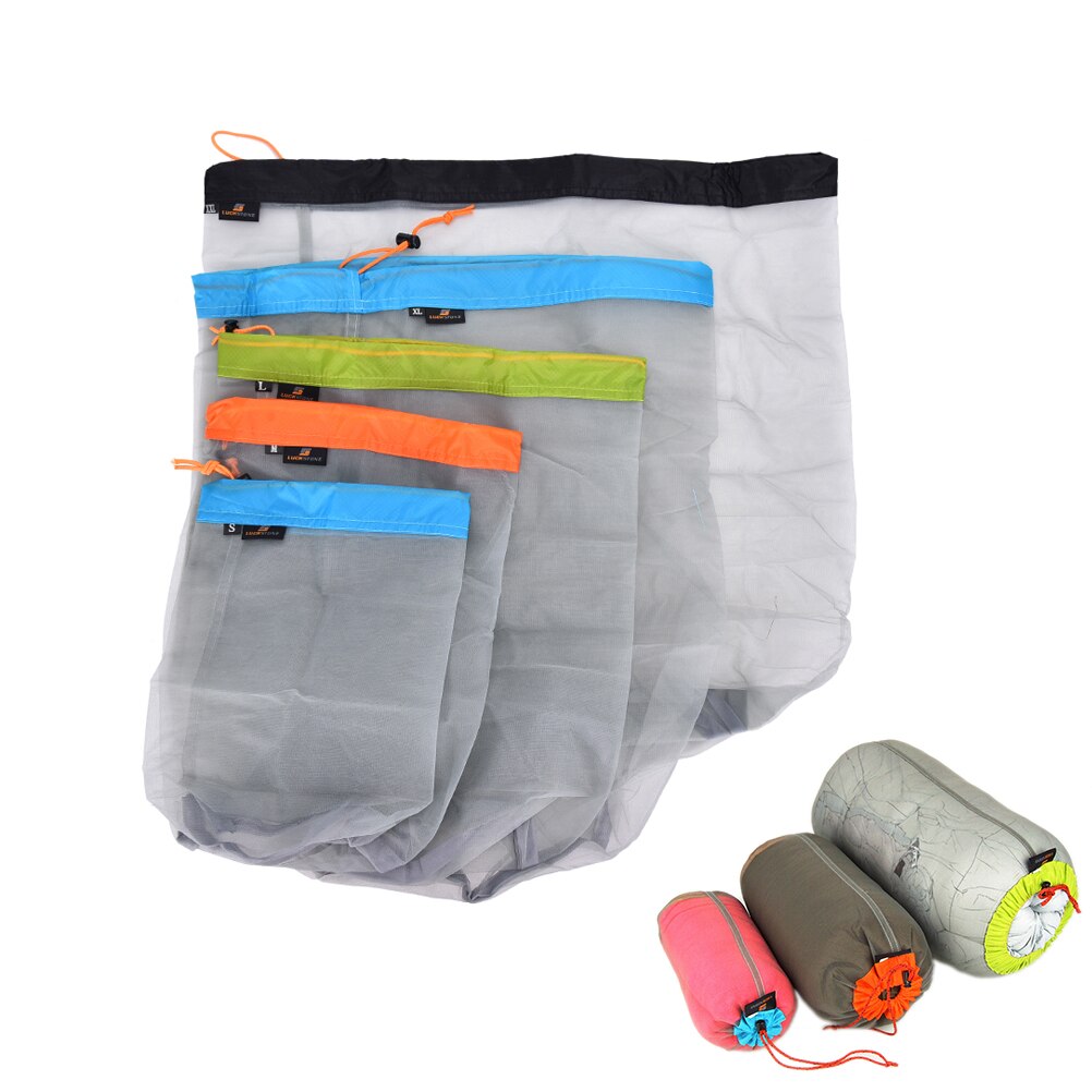 Portable Tavel Mesh Stuff Sack Drawstring Storage BagUltralight Outdoor Camping Travel Kit Equipment Camping Sports 5 Size