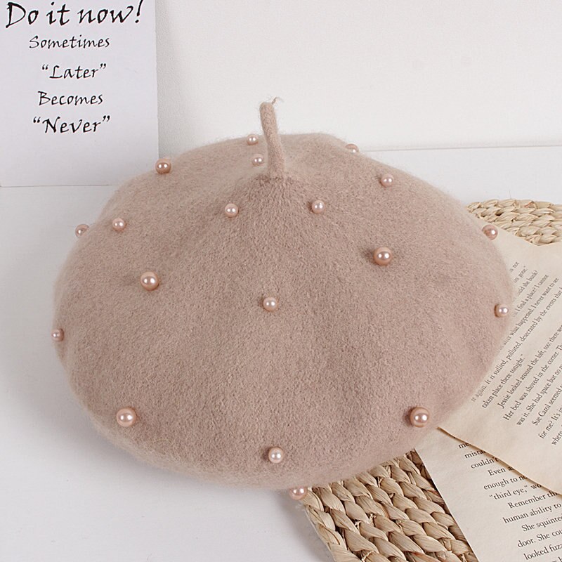 Crianças da criança menina boina de lã chapéu outono inverno quente clássico estilo francês frisado pérola gorro boné moda infantil para 2-8y: E