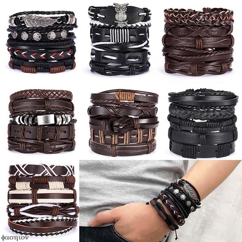 5 pz/set Vintage multistrato in pelle treccia bracciali braccialetti stella foglia gufo fatti a mano corda avvolgere bracciali regalo gioielli maschili