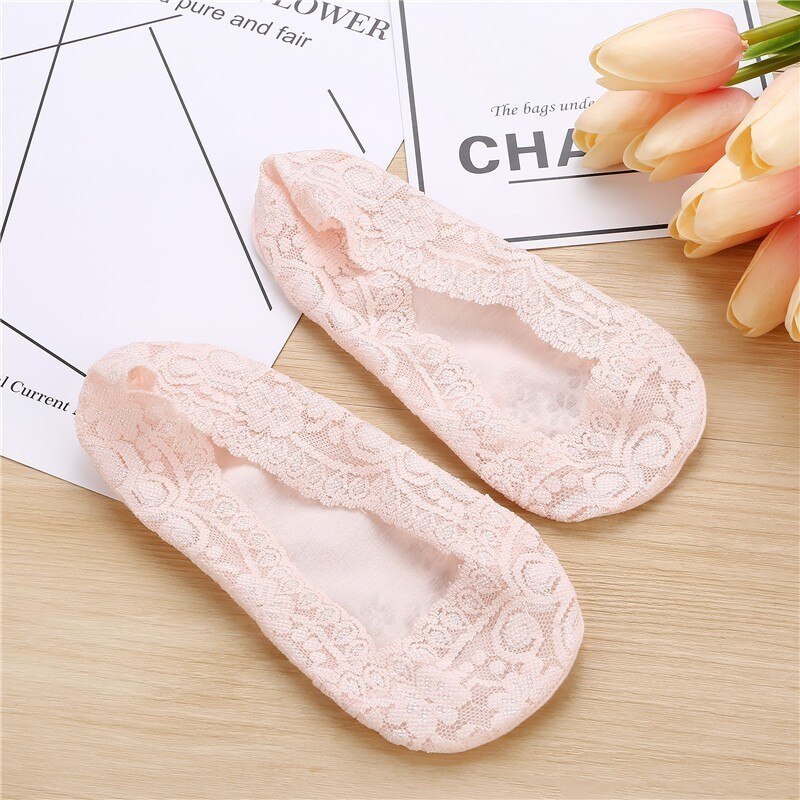 Summer women girl Silica Gel Lace Boat Socks Invisible Cotton Sole Non-slip Antiskid Slippers Anti-Slip Sock 1pair=2pcs ws7414: ws74fen