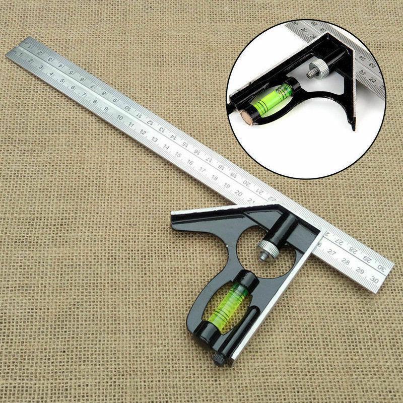Square Ruler Set Kit 300mm (12") Adjustable Engineers Combination Try Square Right Angle Ruler Set with Spirit Level and Scriber
