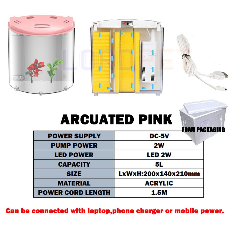 Sunsun 5L petit Aquarium de poissons avec filtre LED écologie eau Aquarium Usb Mini Nano bureau Aquarium poisson rouge Guppy Arcuated: 320 Pink / Sand Flower Stone