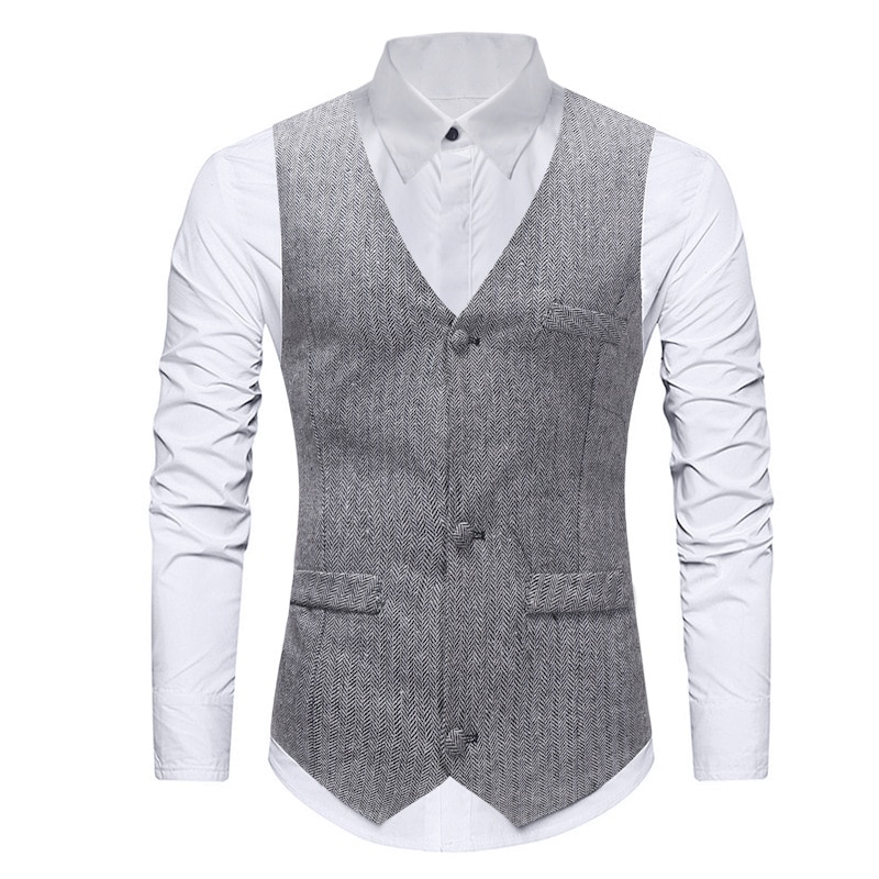 Lichtgrijs visgraat tweed vest heren merk slim fit v-hals vesten gilet heren formeel zakelijk bruiloft vest heren gilet
