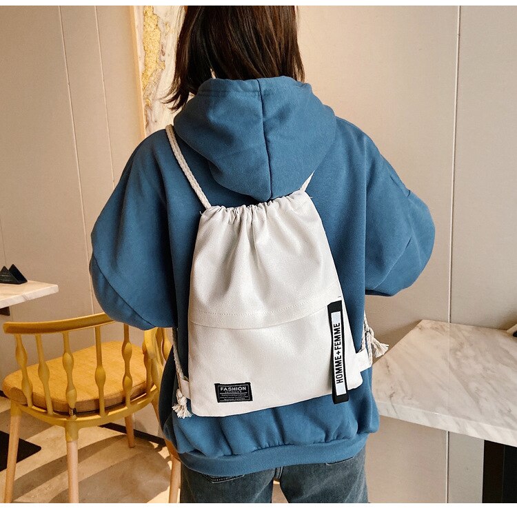 Women Casual Canvas Drawstring Backpack Men Solid Color Letter Pattern Bag Drawing Straps Closure Outdoor Bag