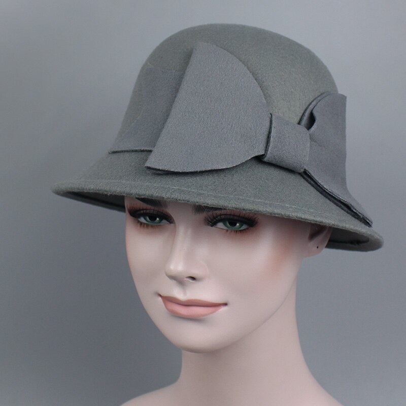 Merk retro dames dames fedora's top jazz hoed winter herfst pet katoen imitatie wollen bolhoeden ronde strik petten: Grijs