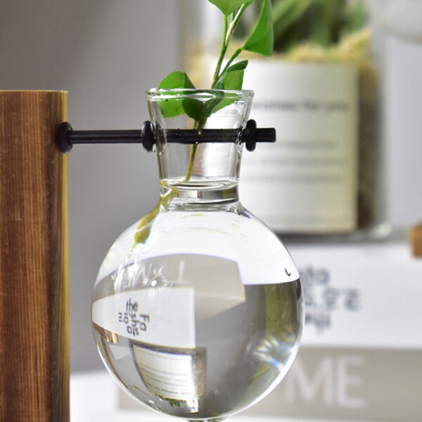 Lámpara de mesa para escritorio, jarrón hidropónico de cristal, olla con bandeja de madera para plantas, decoración de oficina, I88