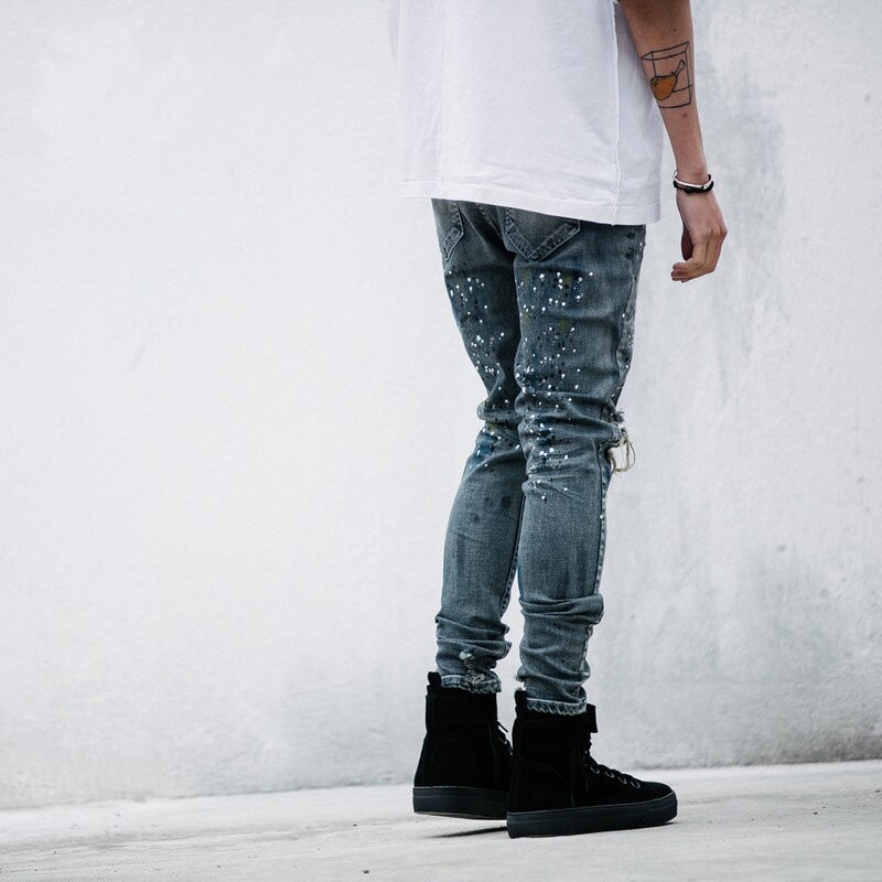 L mænd biker jeans nødlidende slanke denimbukser plisserede motorcykel joggers herre cargo jeanbukser