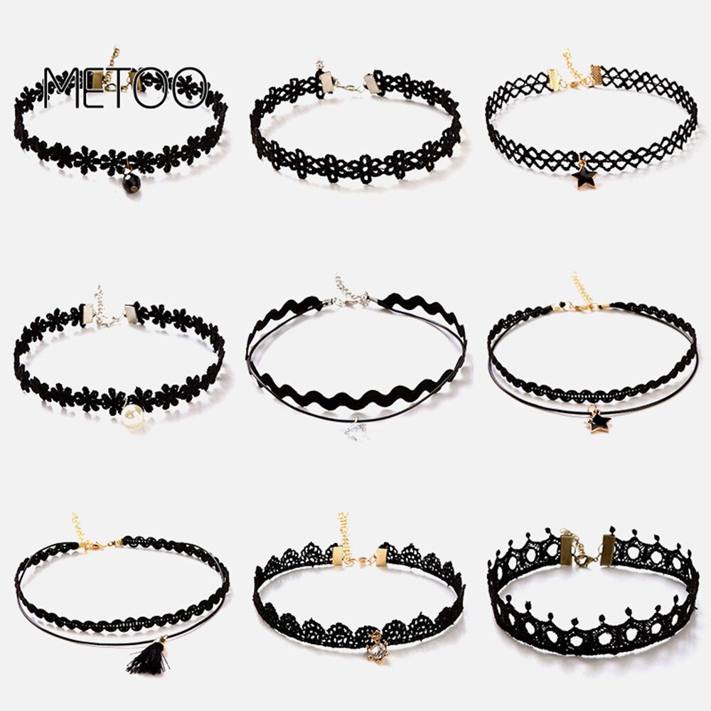 METOO 11pcs Dei Monili Delle Ragazze per I Bambini Nero Della Collana Multi Strato di Pizzo Catene Choker Della Collana Per Bambini Gotico Stretch Gioielli Bambino: 9 PCS(1)