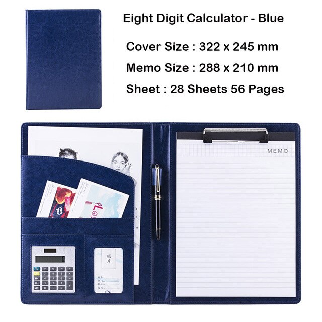 Business Office Folder Multifunctional Office Organizer with Calculator Clip A4 Leather Folder Folder Briefcase Office Supplies: B  blue