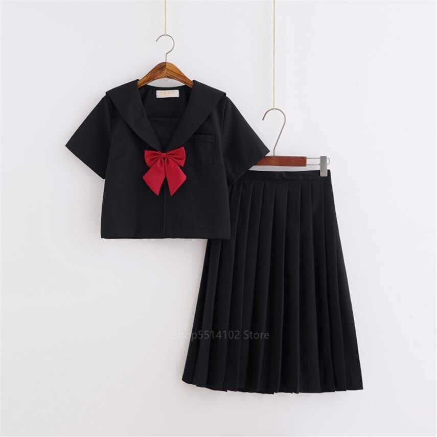 Japanese School Uniform Kansai Bad Black Suit for Students JK Kawaii Sailor Collar Bow High School Top Long Pleated Skirt Set