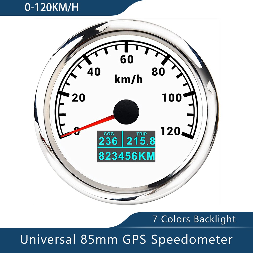 Novo velocímetro de 85mm gps 0-30/60 nós 0-60/80/120/160/200 mph 0-60/120/200km/h com luz de fundo de 7 cores para a motocicleta do barco do carro: 120KWS
