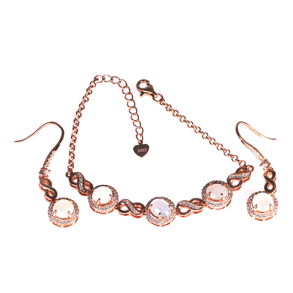 Natürliche Jade Edelstein Schmuck Sets Für Frauen Unendlichkeit Symbol 925 Sterling Silber 4 Krallen Einstellung Rose Gold Überzogen