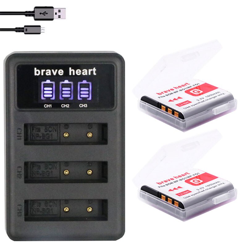 Batería NP-BG1/FG1 NP-BG1 NP BG1 FG1 para SONY, cargador de 3 ranuras, DSC-H3, DSC-H7, DSC-H9, DSC-H10, DSC-H20, DSC-H50: charger and 2battery