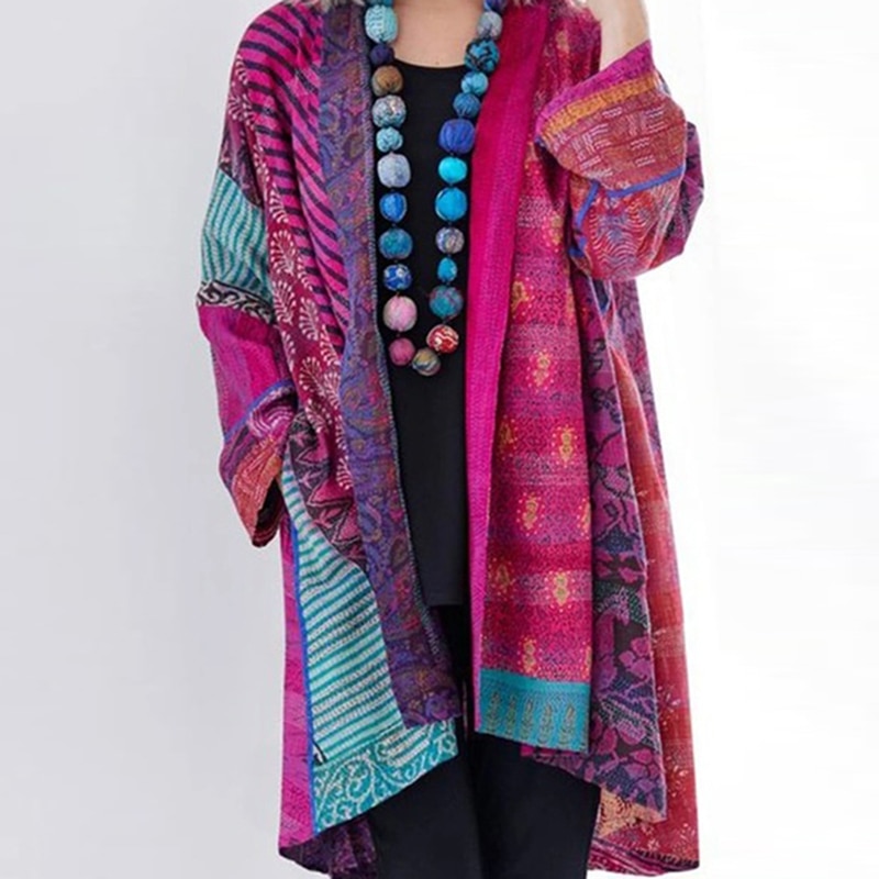 Women Autum Winter Ethnic Floral Tassel Cardigan Asymmetric Casual Coat Ladies Casual Loose Jacket Outwear: rose red / XL