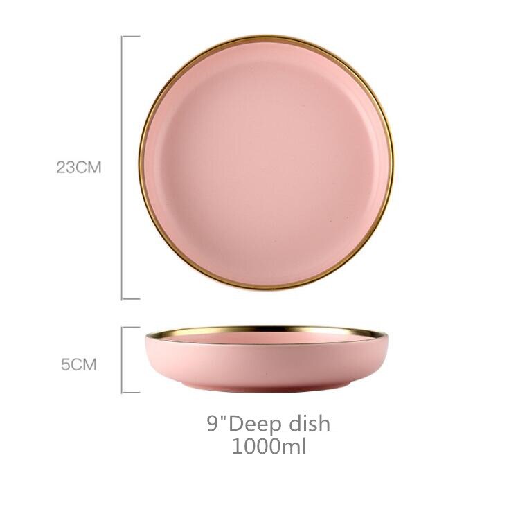 Porslinsmiddagstallrik Set Rosa Guld Kant Keramik Servis Maträtter Ris Sallad Nudlar Skål Mugg Bestick Set 1 st: 9 tum djup skål