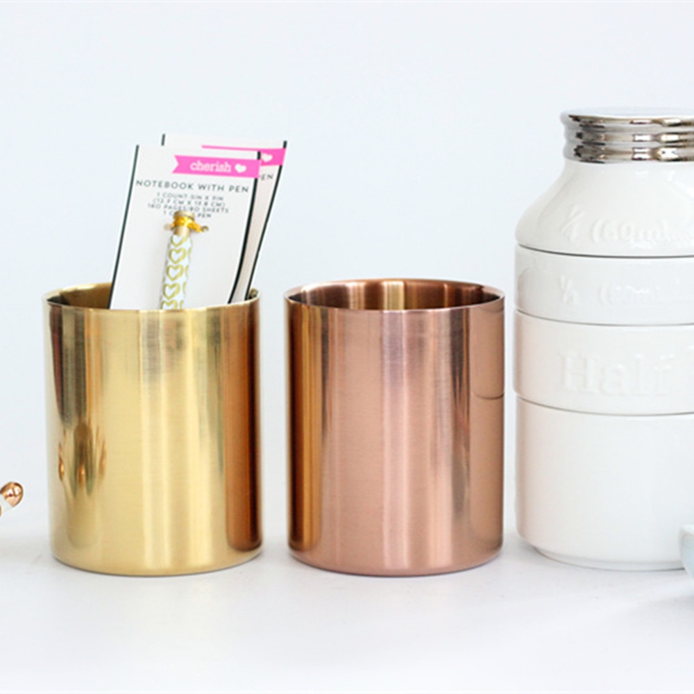 Portalápices cilíndrico de acero inoxidable oro rosa para escritorio organizador soporte multiuso portalápices suministros de decoración de oficina taza europea
