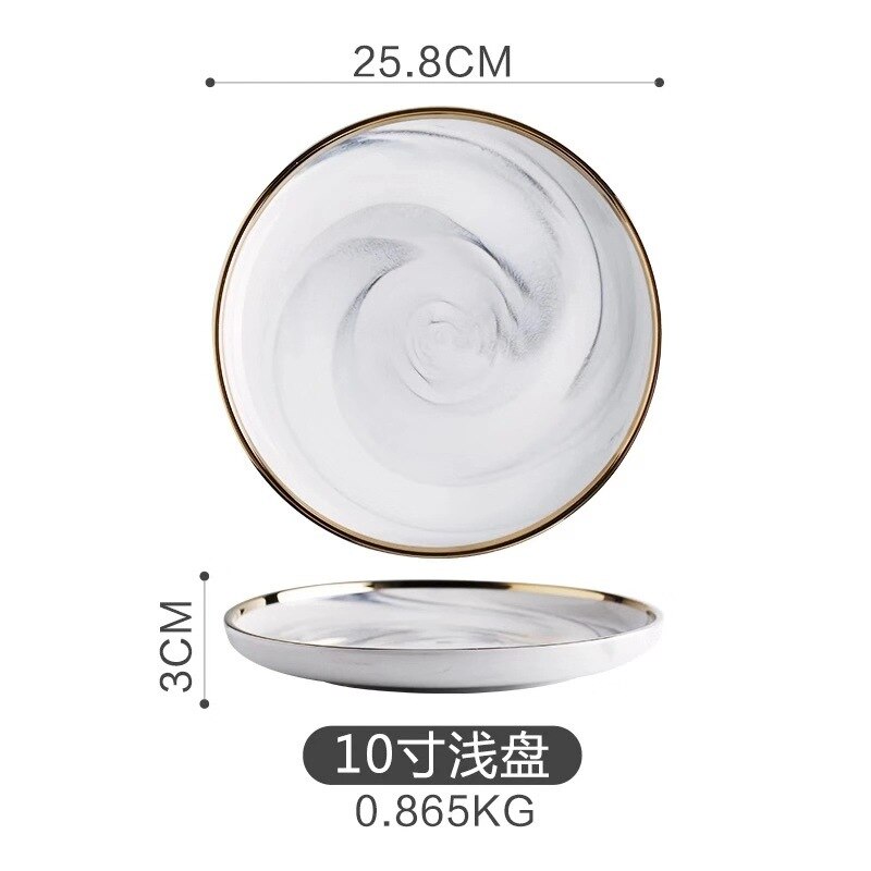 Golden marble plate set ceramic kitchen utensils salad noodle bowl soup dinner set plates and dishes ceramic bowl: 25.8cm Shallow tray