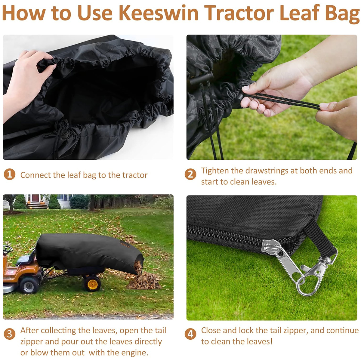 Sac à feuilles pour tracteur de pelouse, sac collecteur d'herbe, sac à feuilles de jardin 200 × 130cm, résistant à l'usure, grande capacité, tissu Oxford 420D pour tondeuse à gazon Gra