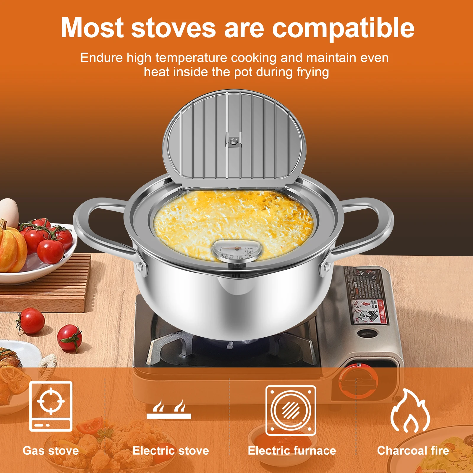 Deep Fryer with Thermometer and Oil Drip Drainer Rack Stainless Steel Frying Pot Multifunctional Japanese Style Deep Fryer Pot