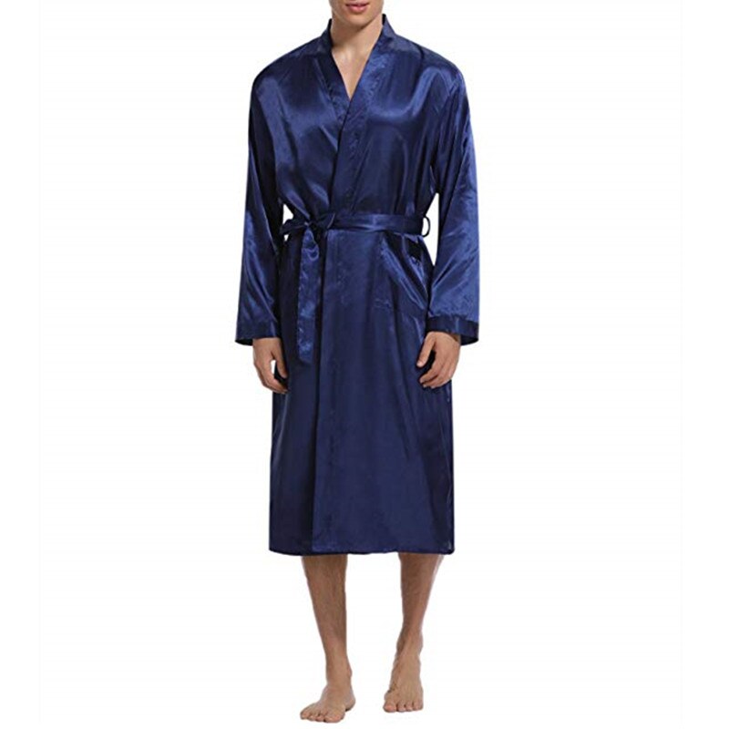 Incerun silke satin herr sovkläder morgonrock långärmad höst lång morgonrock lightwear avtagbara bältesfickor klänning pyjamas: Marin / L