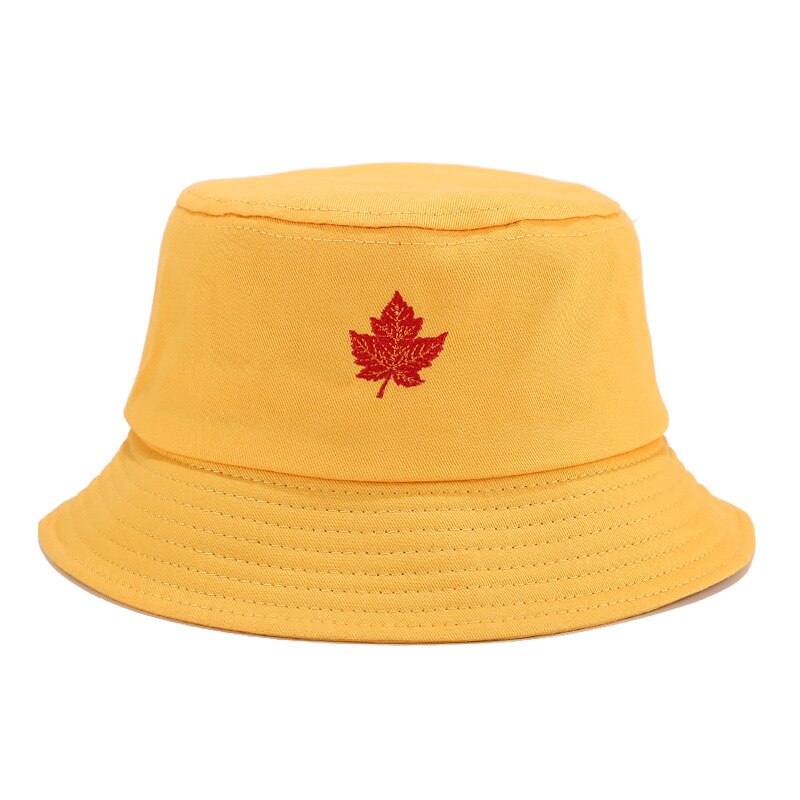 Leaf Embroidery Bucket Hat Protection Sun Hat Maple Foldable Cap Panama Packable Cotton Fisherman Hat For Men and Women: Yellow