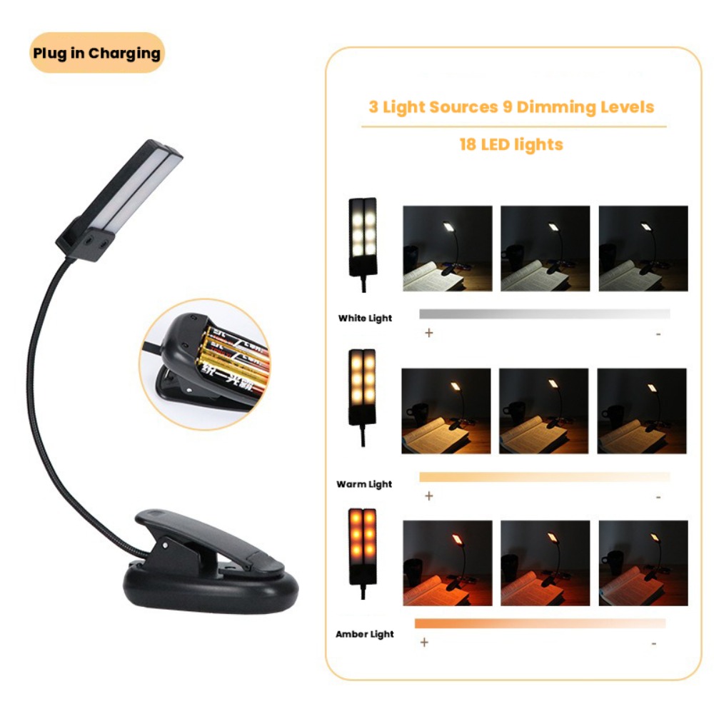 Luz LED negra de con 18 luces, atril recargable por USB, lámpara de lectura de escritorio portátil para dormitorio: Blanco