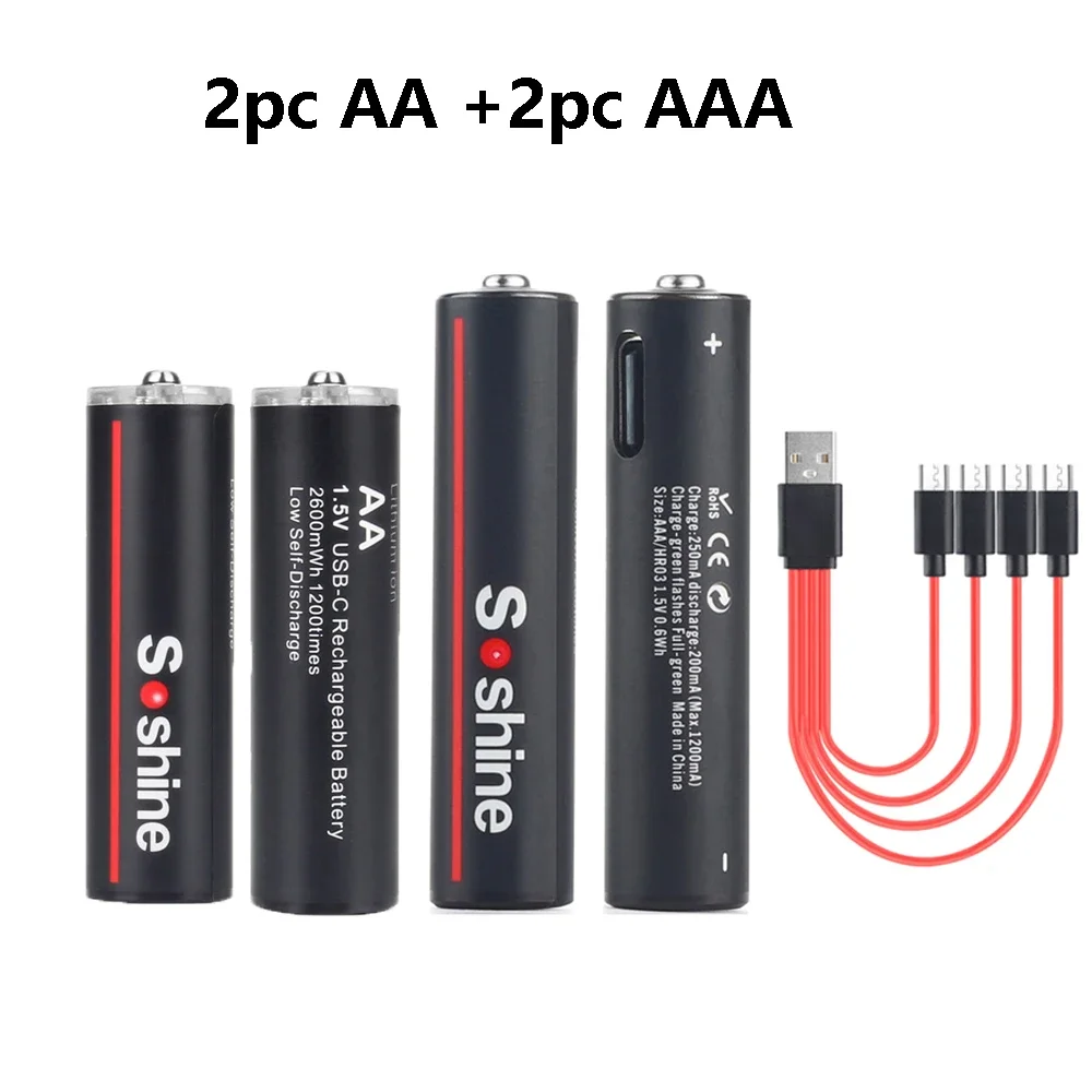 Soshine USB Lithium-Ionen 600 mWh 1,5 V AAA-Akkus + 2600 mWh 1,5 V AA-Akku Li-Ionen AA- und AAA-Akkus: Gold