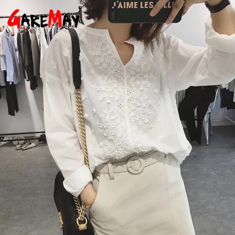 Garemay kvinders toppe og bluser kvinde langærmet bluse kvinder hvid skjorte chiffon sommer plus size damer koreanske skjorter