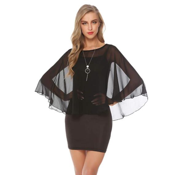 Bolero de gasa para mujer, chal, chaqueta de boda, abrigo con escote redondo, envolturas de de noche: Negro
