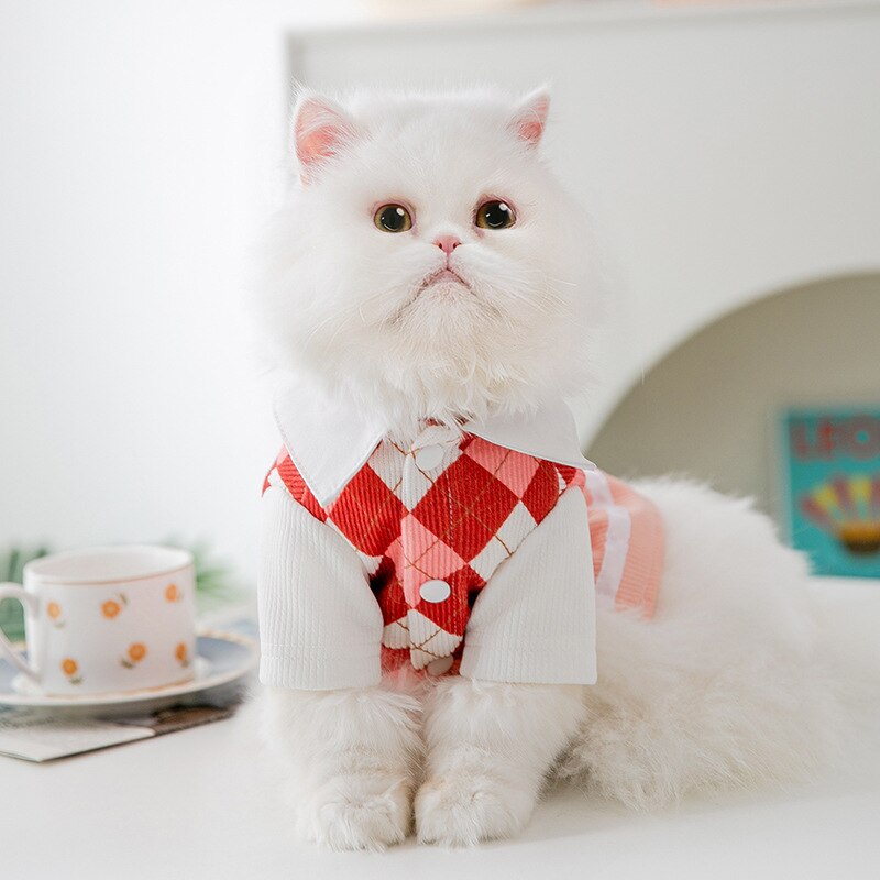 Vêtements de printemps et d&#39;été pour chat, vêtements fins de Style collégien pour Couple, vêtements pour petits chiens et chats, avec nœud à grille, pour chiot et fille