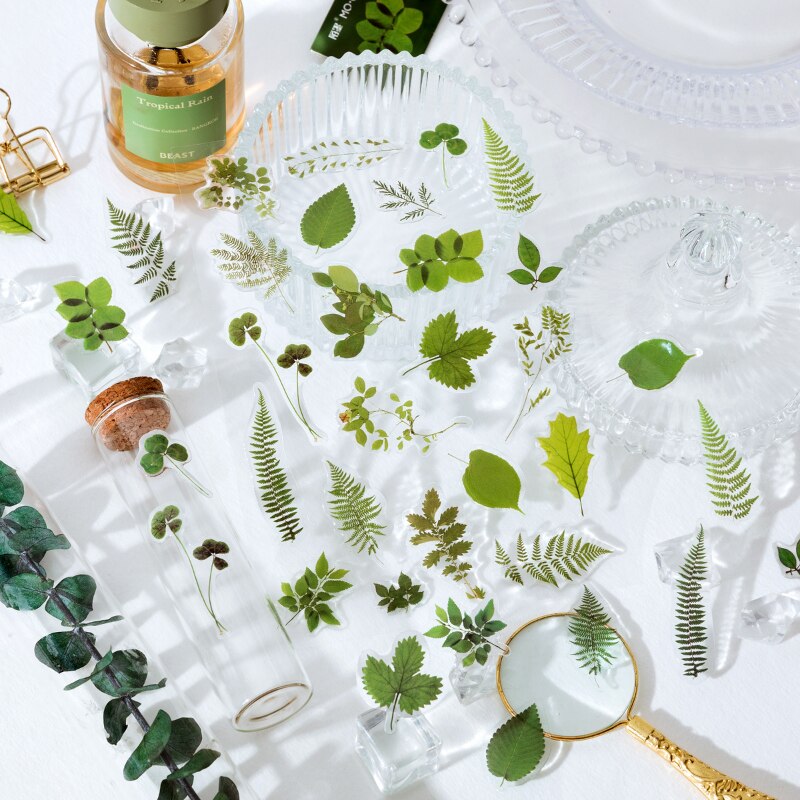 Cute Flowers Glue Clear Sticker Fern Leaves Decorative Stickers Scrapbooking Stick Label Diary Album stationery Sticker